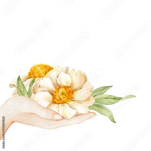 Hand with white peony. All elements are hand-drawn in watercolor and isolated on a white background