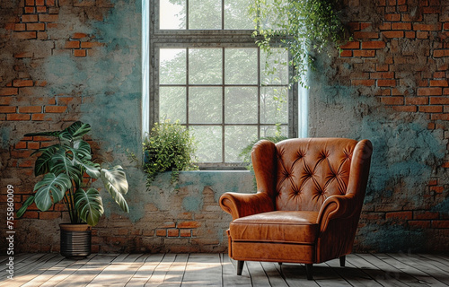 Living room home interior mock up. Leather armchair on Brick wall  background.