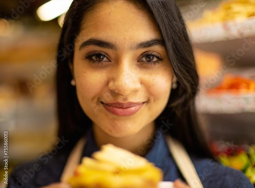 Young latin american woman working in a food market shop store