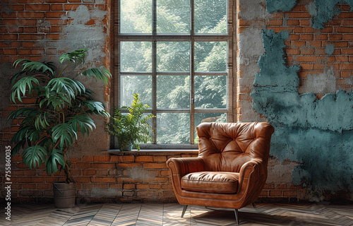 Living room home interior mock up. Leather armchair on Brick wall  background.