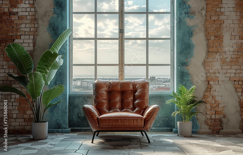 Living room home interior mock up. Leather armchair on Brick wall  background.