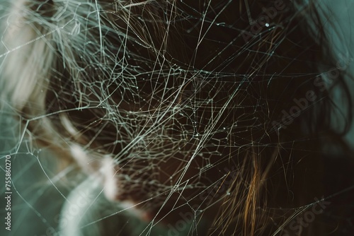 Ethereal portrait of a person obscured by a cobweb, evoking mystery and delicacy in a dark, textured background.