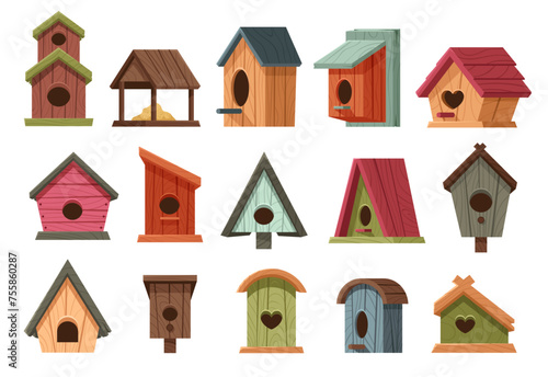 Cartoon wooden bird houses. Rustic avian homes with various designs, classic birdhouses and birds feeders vector illustration set
