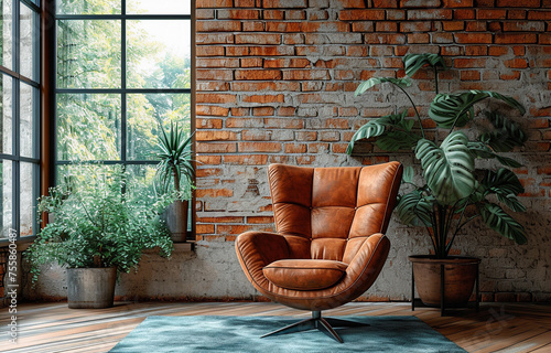 Living room home interior mock up. Leather armchair on Brick wall  background.