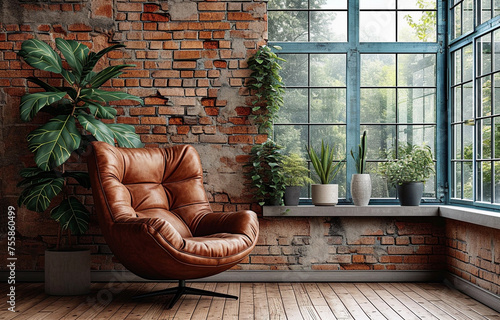 Living room home interior mock up. Leather armchair on Brick wall  background.