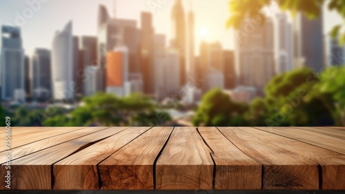 The empty wooden table top with blur background of downtown business district. Exuberant image. generative AI