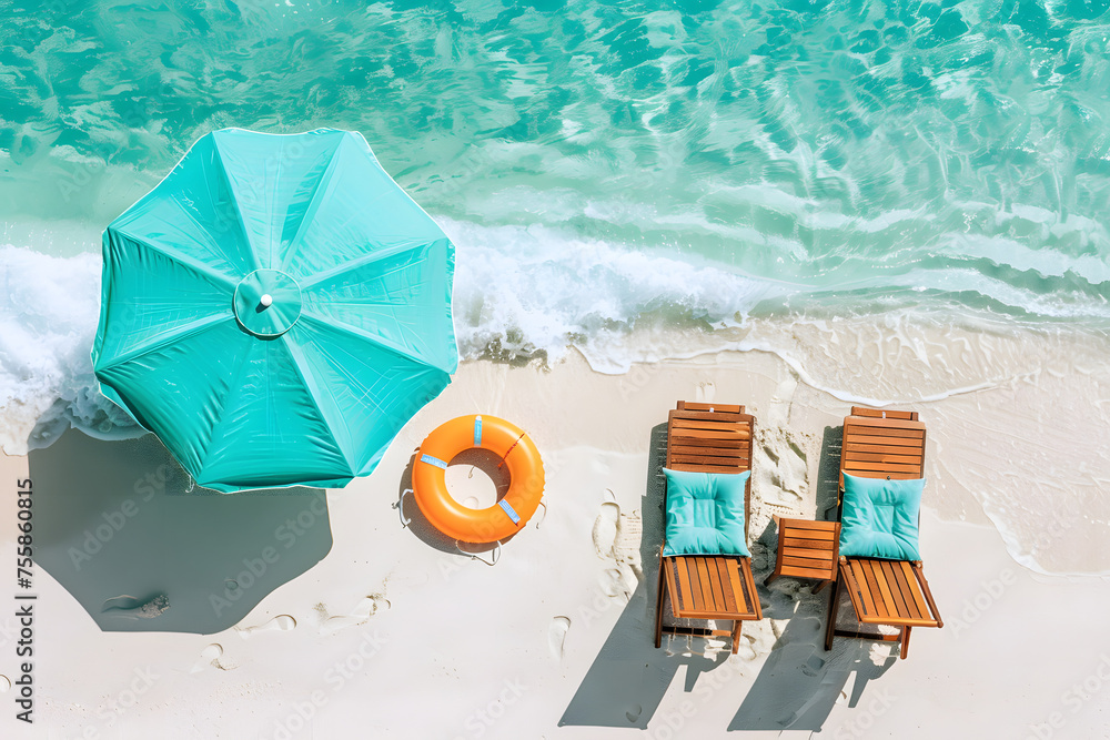 Naklejka premium Top view of beach chairs and umbrella for summer vacation.