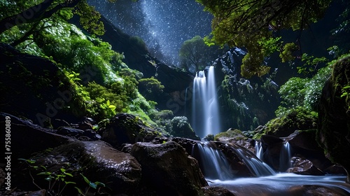 A Majestic Waterfall Amidst Lush Greenery Under a Starlit Sky