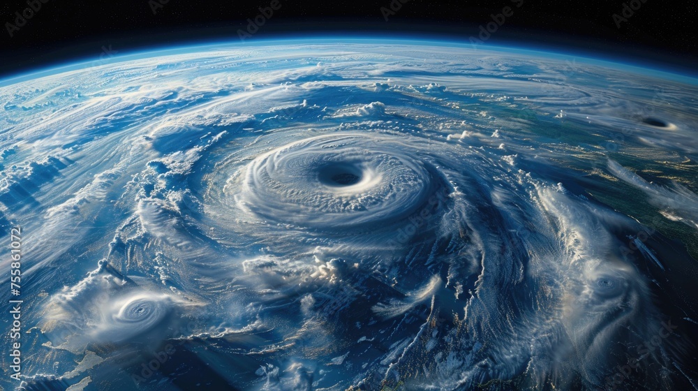 A space adventure to observe Earths climate from above, learning about cyclones and weather, - obrazy, fototapety, plakaty 