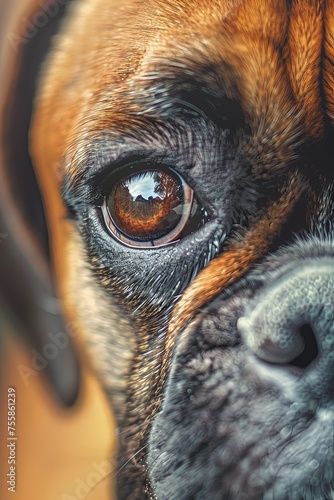 Muzzle of a tiger-colored boxer dog in close-up. A close-up view of a majestic boxer's muzzle. © Евгений Федоров
