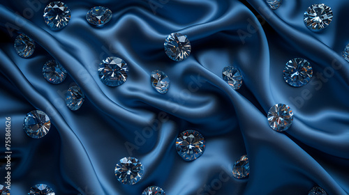 Shiny diamonds brilliants gemstones on navy blue silk fabric background. generative ai  photo