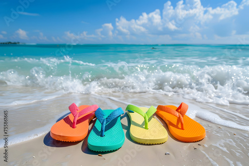 Colorful flip flops on beach. Summer background.