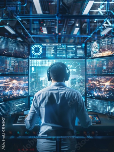 High-tech surveillance security operator - Security expert monitoring multiple screens in a high-tech surveillance room, reflecting sophistication in modern security operations photo