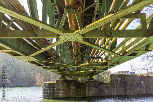 Die Stahl Fachwerkbrücke in Essen Kettwig über die Ruhr von unten gesehen photo