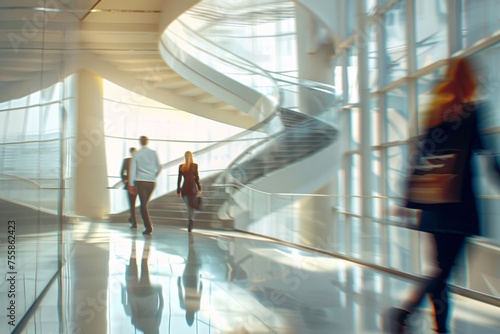 Business people rushing in modern office interior. Motion blur, Ai Generative