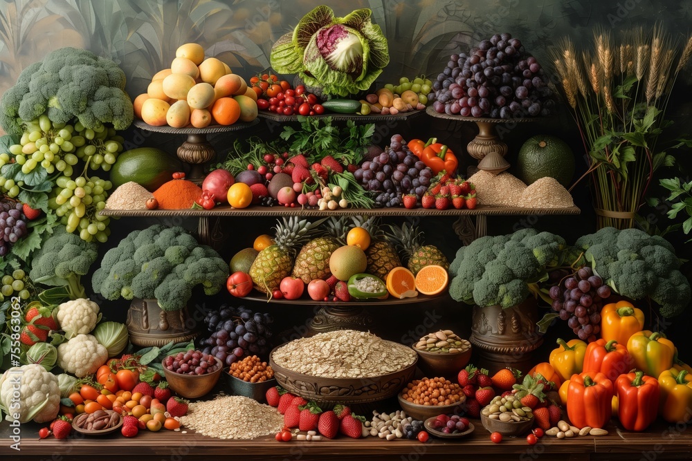 A luxurious classic composition of various fruits, vegetables, cereals and nuts on ornate wooden shelves, reminiscent of the abundance of the traditional harvest. A luxurious classic composition of various fruits, vegetables, cereals and nuts on ornate wooden shelves, reminiscent of the abundance of the traditional harvest.