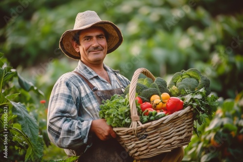 Male farmer with harvest. Backdrop with selective focus and copy space