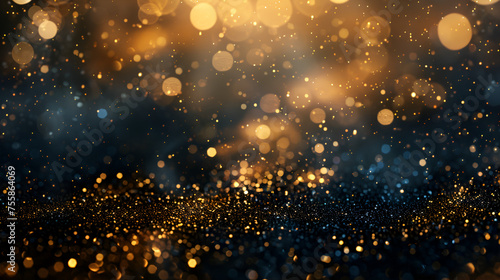 Abstract festive dark gold black glow glitter particle confetti bokeh texture background. Nappy new Year. generative ai 