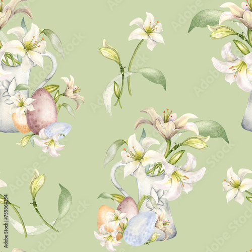 Fototapeta Naklejka Na Ścianę i Meble -  White lilies in ceramic jug watercolor isolated on neutral. White flower botanical in pitcher seamless pattern hand drawn. Lily bunch Christian symbol. Design for Easter, textile, wrapping paper