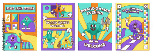 Board games evening event banners. Invitation poster or flyer design with playful tabletop gaming geometric characters vector illustration set