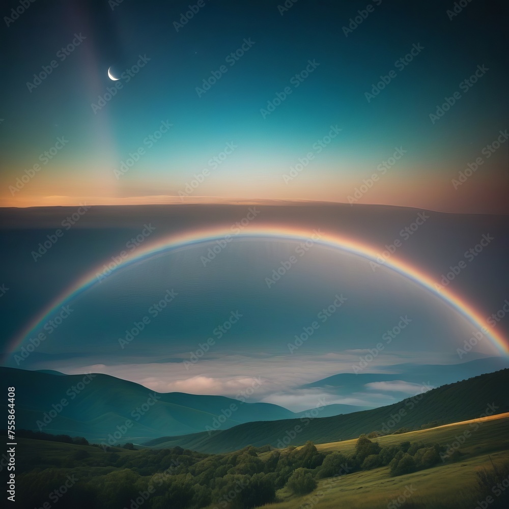 Rainbow at dawn and moon.