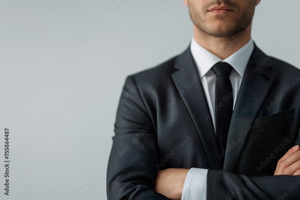 A professional man in a suit and tie stands confidently with his arms crossed on a light background. A professional man in a suit and tie stands confidently with his arms crossed on a light background.