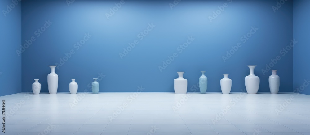 Empty blue room with white vases Empty blue room with white vases