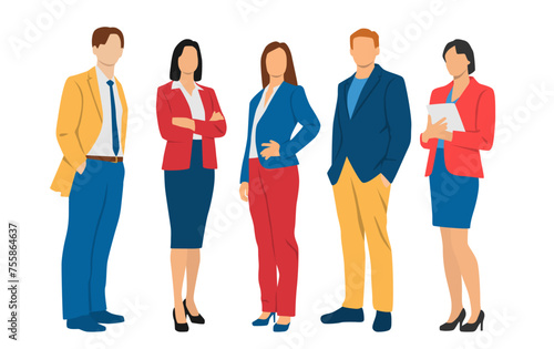  Set of young men and woman , different colors, cartoon character, group of silhouettes of standing business people, students, design concept of flat icon, isolated on white background © Galina