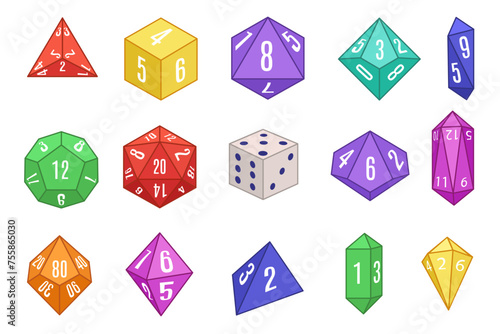 Board game dices. Various dice set for tabletop role playing games, geometric multi-sided dice isolated vector illustration set