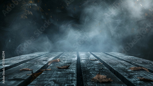 Spooky halloween background with empty wooden planks, dark horror background. generative ai