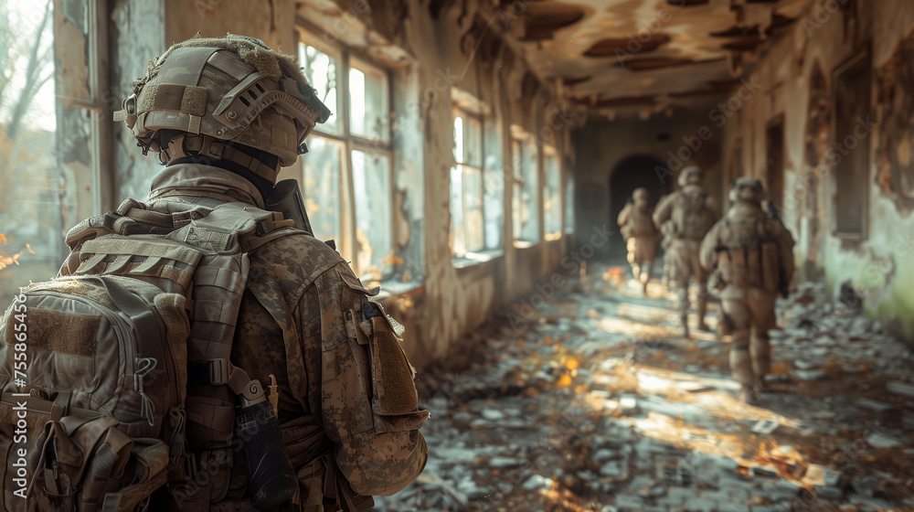A special military force walking in a destroyed building. ( AI generated ) 