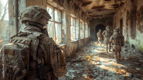A special military force walking in a destroyed building. ( AI generated ) 