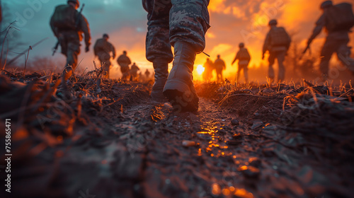 Military boots in a war zone and a battalion walking at the sunset. ( AI generated )  photo