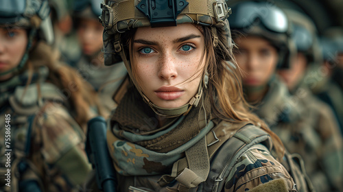 Deployment of soldiers in camouflage uniform. A young woman in foreground. ( AI generated ) 