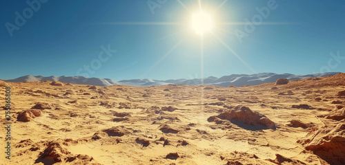 Stark desert landscape under midday sun, with clear cerulean sky emphasizing harsh light and shadows on arid soil and rocks