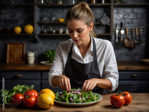Frau garniert sorgfältig einen frischen, hausgemachten Salat in der Küche