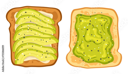 Healthy avocado toast. Bread topped with avocado and sesame seeds, nutritious breakfast meal vector illustration