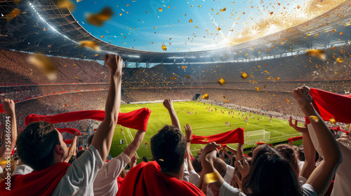 crowded sports stadium with a vibrant atmosphere, where spectators are holding up red scarves and yellow confetti is flying in the air © MP Studio