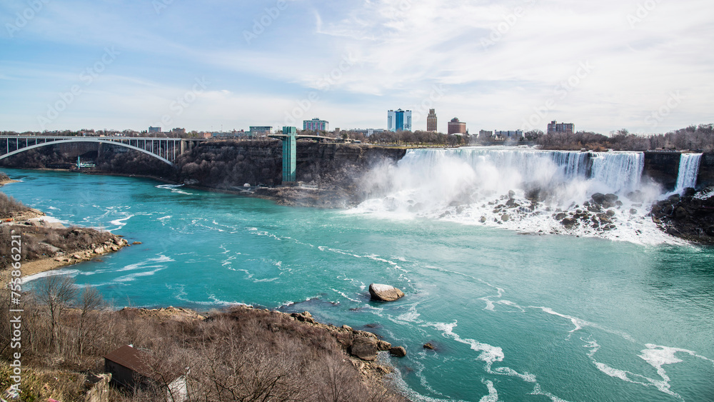 Niagara Falls, Canada - March 8 2024: Panorama view of Niagara Falls in Canada