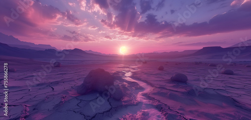 Surreal desert landscape at twilight with arid soil and rocks under a lavender sky, where the setting sun adds a magical glow