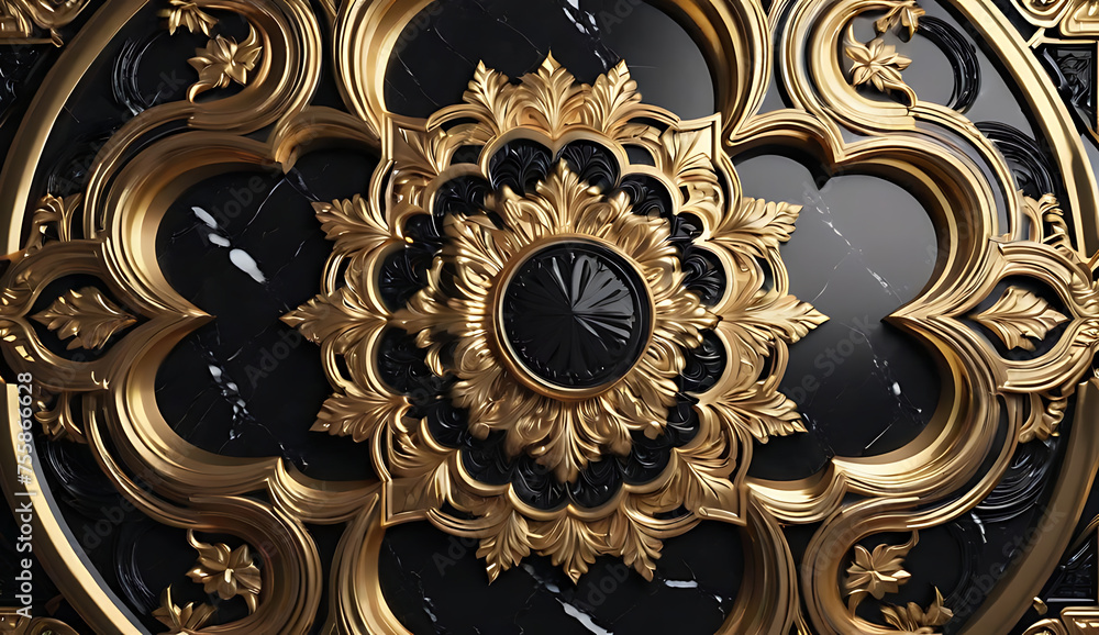 model of ceiling decoration with 3d wallpaper. decorative frame on black marble luxurious background and mandala model of ceiling decoration with 3d wallpaper. decorative frame on black marble luxurious background and mandala