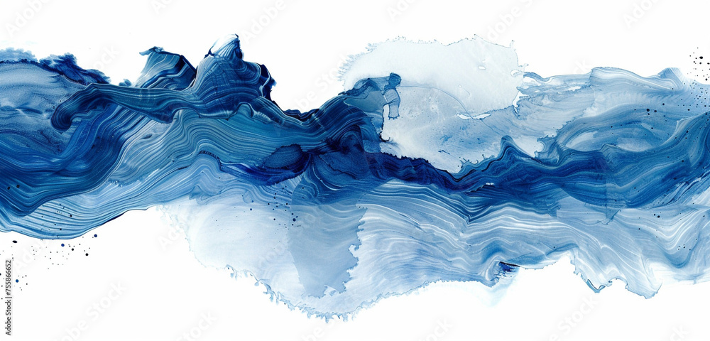 A cascading waterfall in a palette of sapphire and white ink strokes, fluidly depicted, isolated on white background