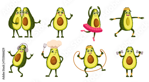 Cartoon avocados mascot characters. Playful avocado figures with fitness poses, chief cook, ballet dancer and kissing pair vector illustration set