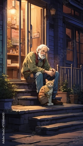Old man sitting on the porch of a house with a cat