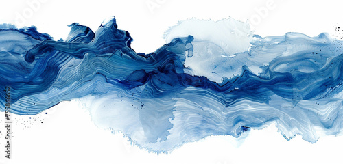 A cascading waterfall in a palette of sapphire and white ink strokes, fluidly depicted, isolated on white background