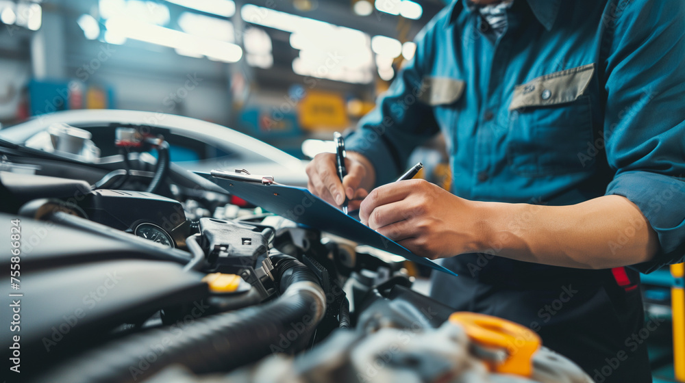 Auto check, car service shop concept. Automobile repairman writing job checklist on clipboard, mechanic checking engine to estimate repair machine, inspecting maintenance by engineer at vehicle garage - obrazy, fototapety, plakaty 