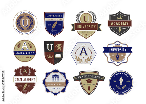 Education emblem. Academic institution badges for university, academy, and college crests with classic designs vector set