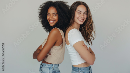 two young women are standing back to back with their arms crossed, both smiling and looking at the camera