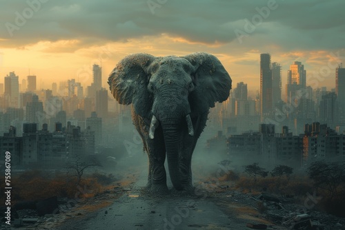A huge elephant is walking through a surreal city. 3d illustration