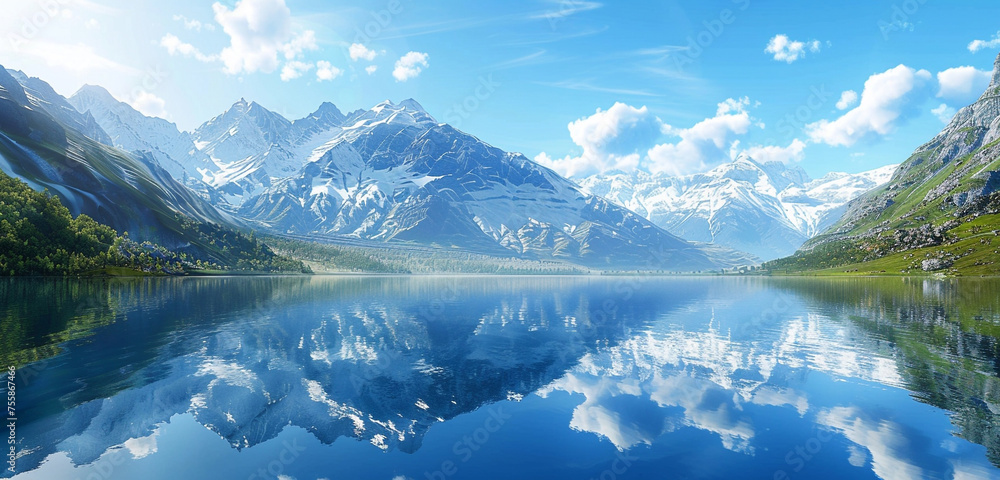 A crisp, a serene, alpine lake reflecting a perfect, snow-capped mountain range under a crystal-clear blue sky, embodying peaceful solitude